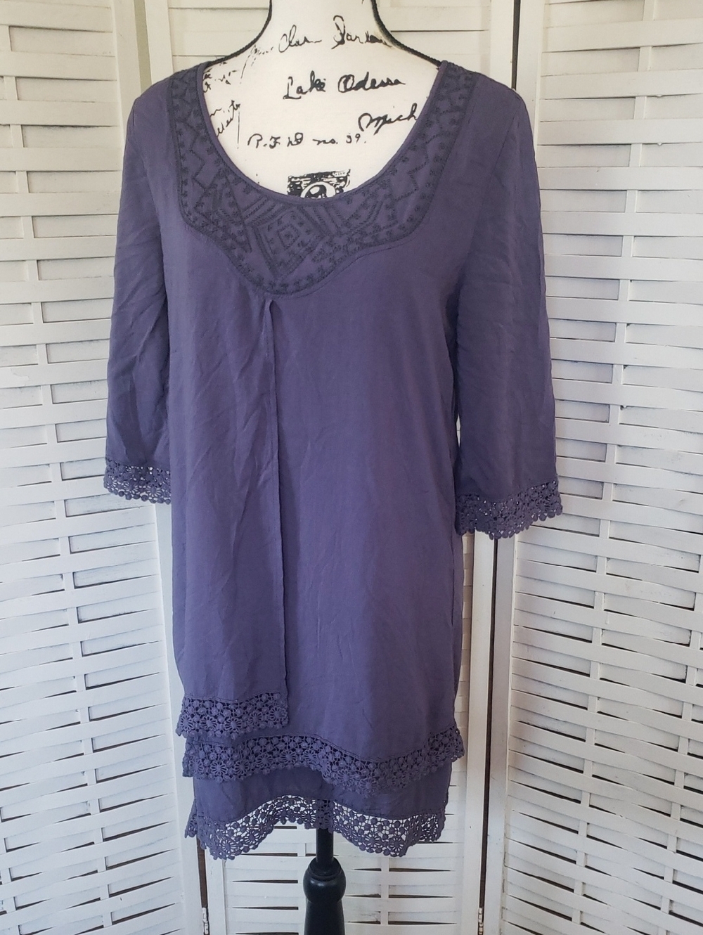 Monoreno Women's Purple Crochet-Trim Tunic Dress New Size M